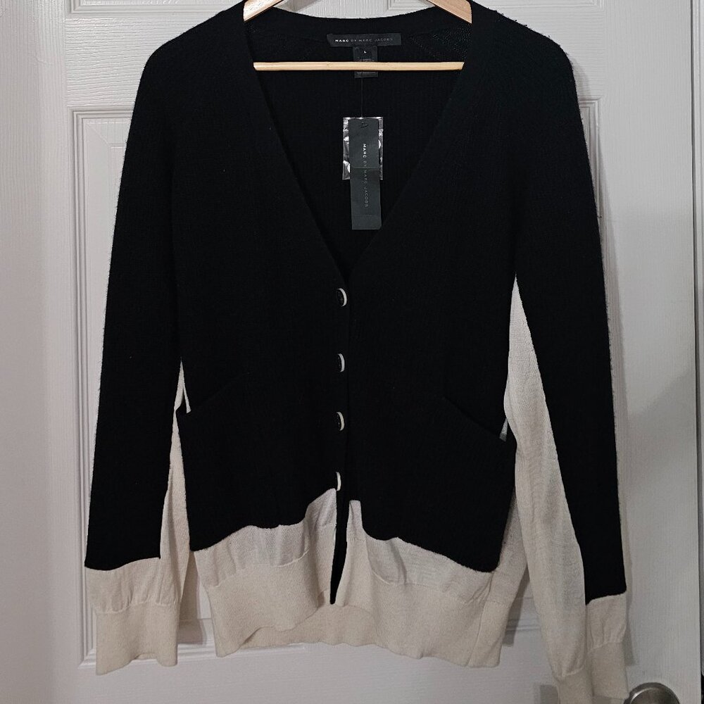 NWT Marc By Marc Jacobs Cashmere Silk Cardigan Black White Colorblock Luxury L